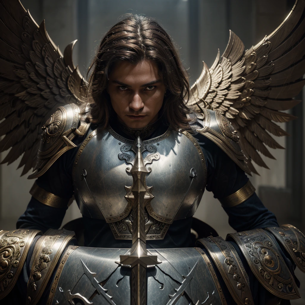 a divine armored archangel michael, detailed divine god warrior, detailed 1 god angel, 8k realistic, detailed armor, detailed divine weapon, dramatic lighting, cinematic, intricate details, volumetric lighting, photorealistic, chiaroscuro, epic, dramatic pose, glowing eyes, glowing angelic aura, angelic wings, detailed facial features, flawless skin, divine energy, cinematic lighting, dramatic shadows, ornate armor, highly detailed, masterpiece, best quality, 8k, ultra-detailed, physically-based rendering