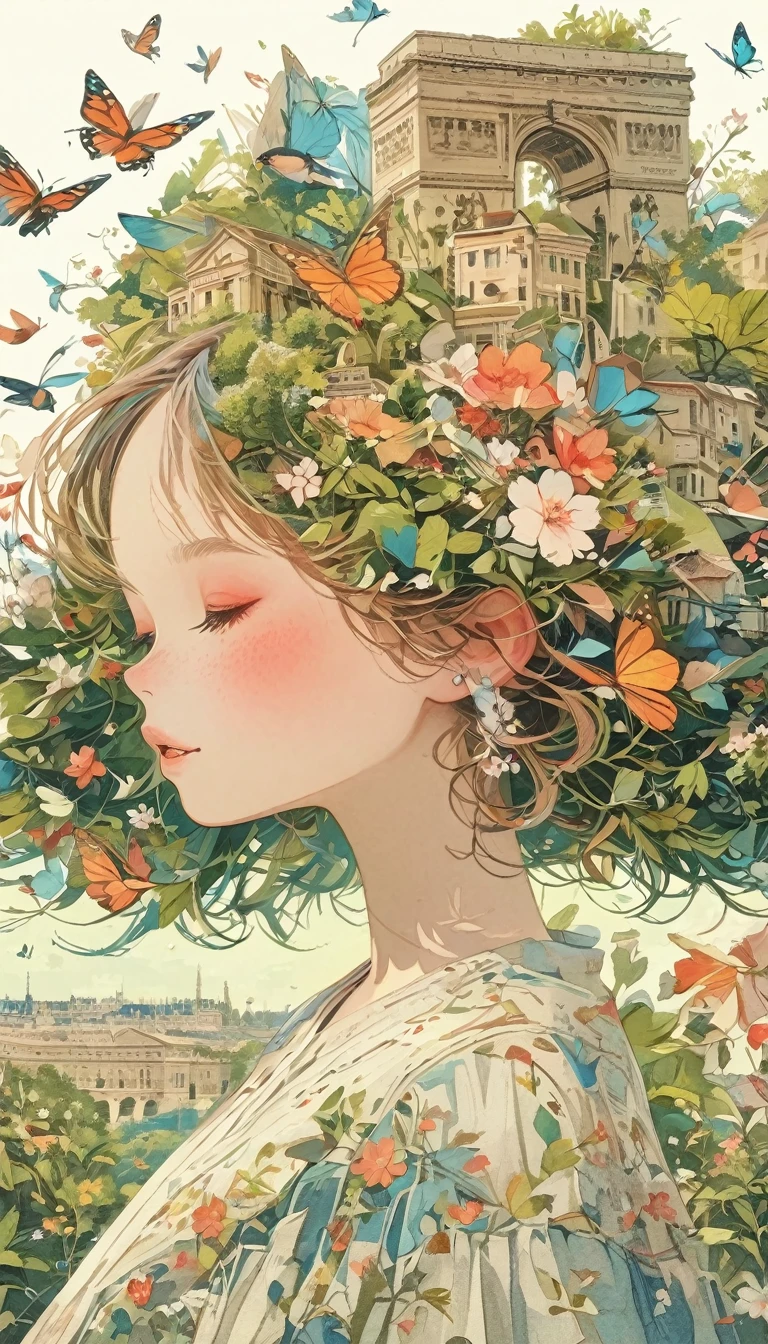 Girl with leaf hair、Photographed from the front、from adove、masterpiece、Highest quality、Looking up、Cherry blossom petals、Lots of butterflies々Fluttering、Paris、Arc de Triomphe、Blue SkyPreparing
