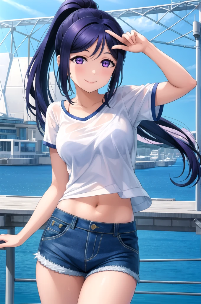 (masterpiece, Highest quality, Very detailed), (figure), (Beautiful attention to detail), (One girl), (alone), Matsuura Kanan, Blue Hair, Purple eyes, High Ponytail, Outdoor rest, Blake White T-shirt, Stomach, jewelry, Denim shorts, Wet Blake Watching the Viewers, Cowboy Shot, smile,  (Better Hands, Perfect hands, Five Fingers)