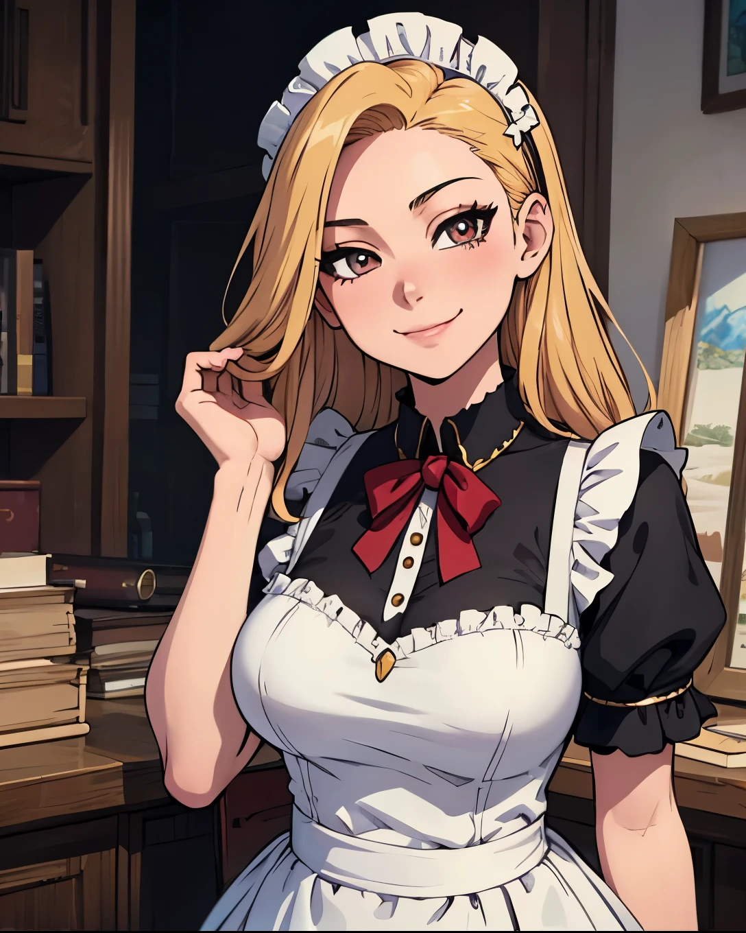 beautiful 18 year old girl, large eyes, big breasts, small and thin, 8k, top quality, (Very detailed head: 1.0), (Very detailed face: 1.0), (very detailed hair: 1.0), maid clothes, highly detailed official artwork, Anime Moe art style, clean and detailed anime art, smile, Golden hair, long and straight hair