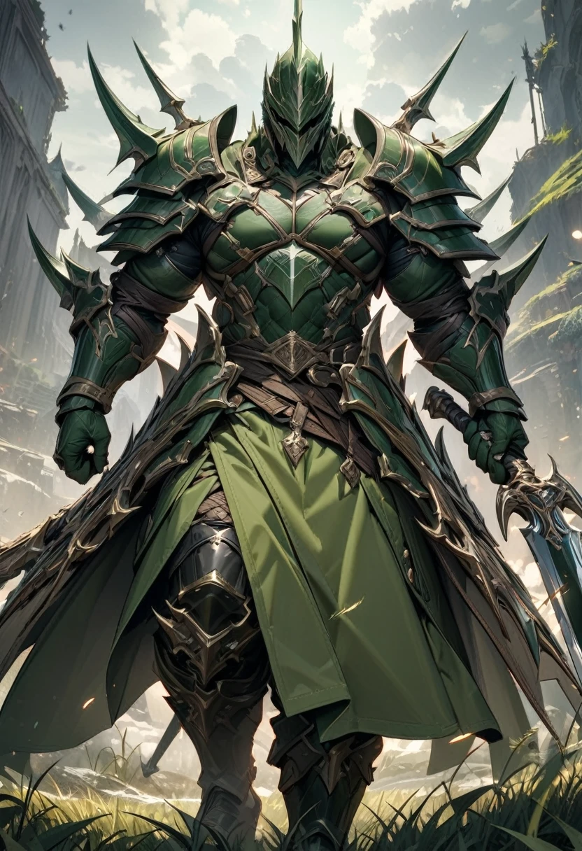 masterpiece, 8k, best quality, highly detailed, a human male warrior wielding a pair of sickles made of a dark green metal that look like blades of grass in each hand
