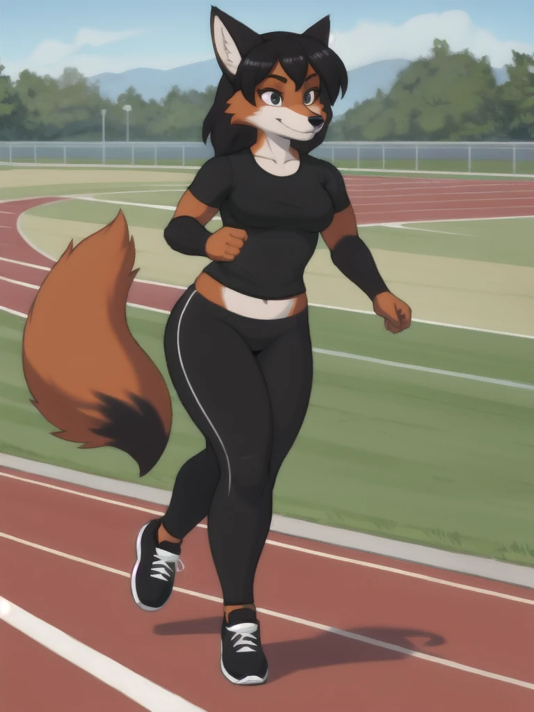 Furry, fox, female, black shirt, black leggings, shoes, running track, solo, full body
