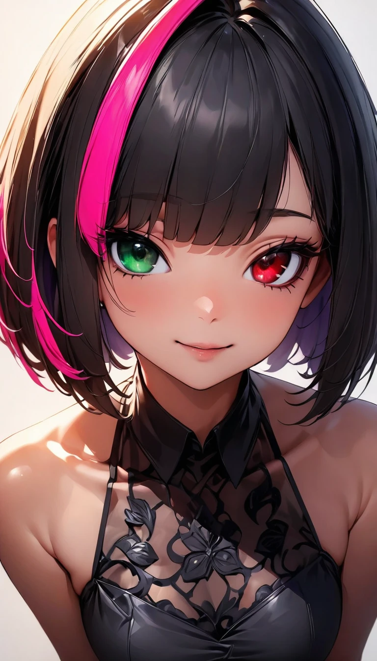 (highest quality:1.2, Very detailed, up to date, Vibrant, Ultra-high resolution, High Contrast, masterpiece:1.2, highest quality, Best aesthetics), Portraiture、girl、solo, (25-years-old:1), slim, heterrochromia, green eye, red eye, ( black Satin Camisole Set:1), Bright colors、Beautiful fine details、Beautiful lip detail、extra short hair, ((bob cut:1.5))、pink and purple, ((streaked hair:1.9)), (highlights hair: 1.6), (medium breast:0.7), (tan skin:0.5), (happy:1), standing, Front facing, (No background:1.4), ((Plain white background:1.3)), (cowboy shot:1.5), look at viewer