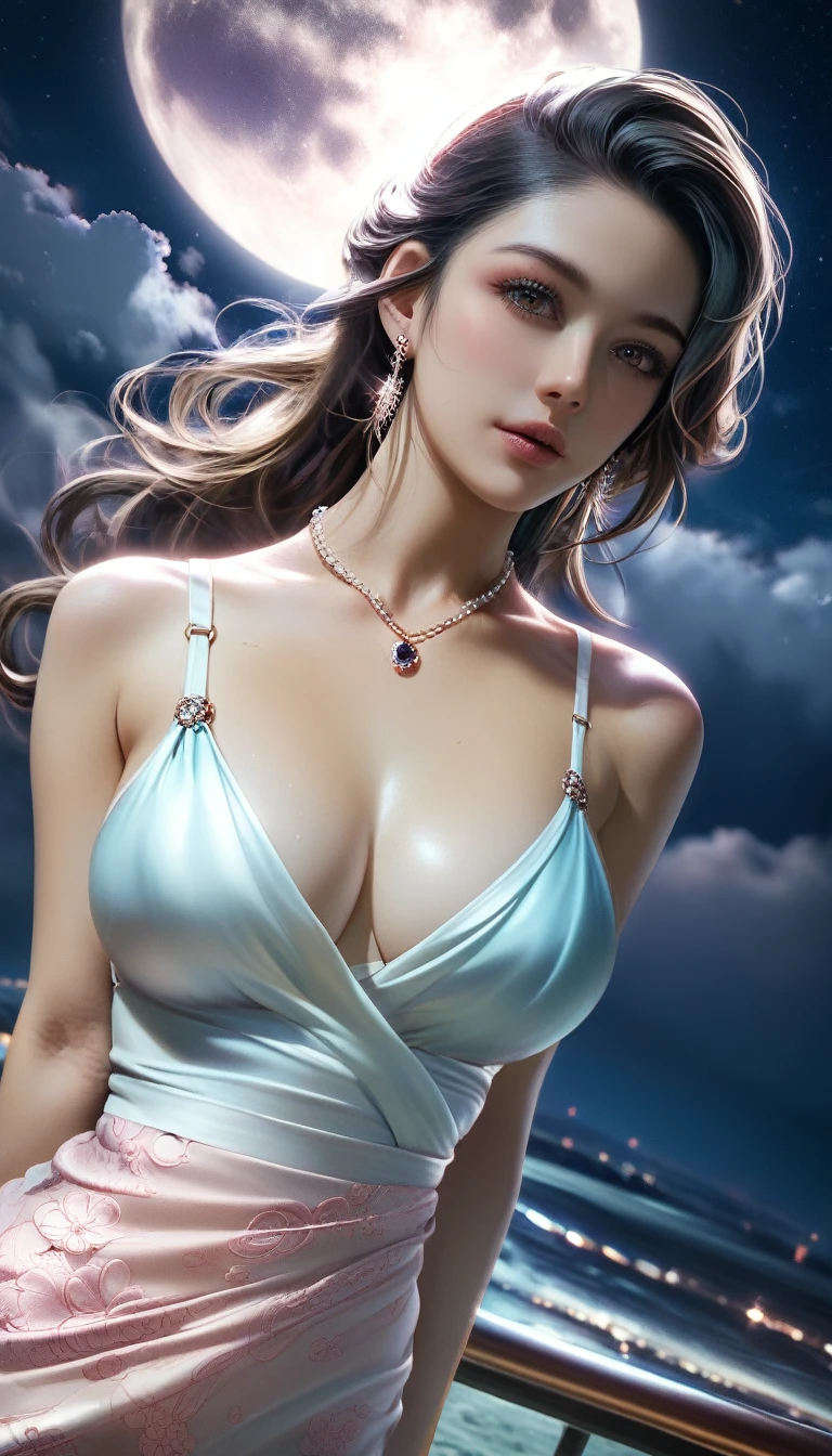score_9, score_8_superior, score_7_superior, A masterpiece in 32K resolution,Highest quality,it is really amazing,Very detailed,Ultra-high resolution,(Ultra-realistic:1.5),(Realistic:1.5),Increased depth of field,Cinematic lighting,
Elegant Japanese MILF,
Long black hair,Ultra-detailed and beautiful face,(Gentle expression:1.1),Translucent white skin,(Realistic skin texture:1.3),
(Sexy Swimwear:1.1),
Bold design,Artistic design,Beautiful and detailed pattern,Detailed fabric texture,
Gorgeous necklace,Earrings,
Coastline at night,(Giant Moon:1.1),(Dark clouds floating in the dark night sky:1.1),
(Dramatic Angle:1.2),