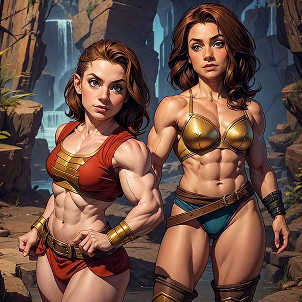 A muscular woman with exaggerated female anatomy, extremely detailed face, beautiful detailed eyes, beautiful detailed lips, long eyelashes, extremely detailed musculature, highly detailed skin, full body, flexing, powerful pose, dynamic action, dramatic lighting, cinematic composition, vibrant colors, photorealistic, 8k, masterpiece