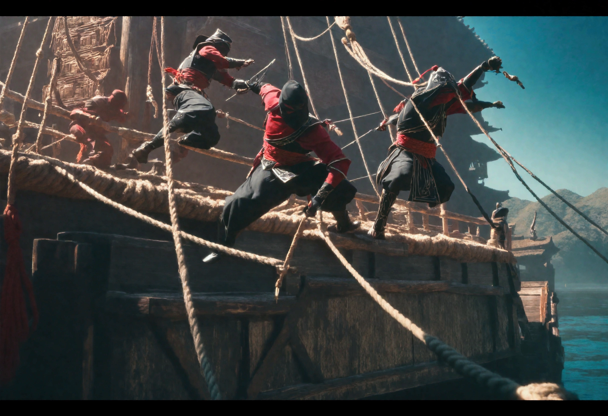 A highly detailed Asian ninja pirates boarding a Samurai palace ship, climbing grappling hooks and ropes from the water, black team ninjas vs bright colorful samurai, (best quality,4k,8k,highres,masterpiece:1.2),ultra-detailed,(realistic,photorealistic,photo-realistic:1.37),dramatic lighting,epic action scene,cinematic,intricate details,ornate samurai armor,flying fabric,dynamic poses,gritty atmosphere,dark moody tones,vibrant colors,dramatic shadows,dynamic camera angle