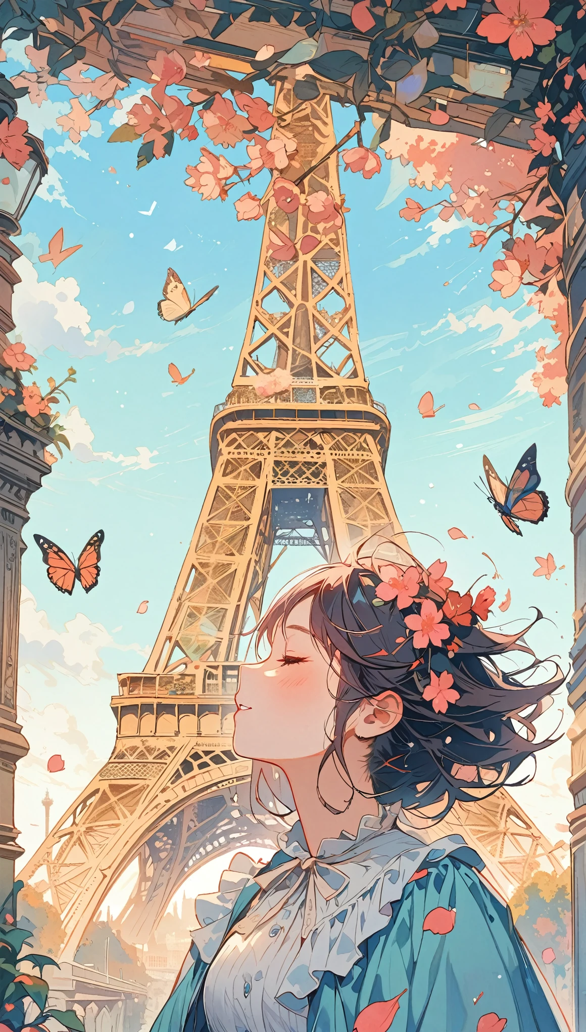 Girl with leaf hair、Photographed from the front、from adove、masterpiece、Highest quality、Looking up、Cherry blossom petals、Lots of butterflies々Fluttering、Paris、Eiffel Tower、blue sky