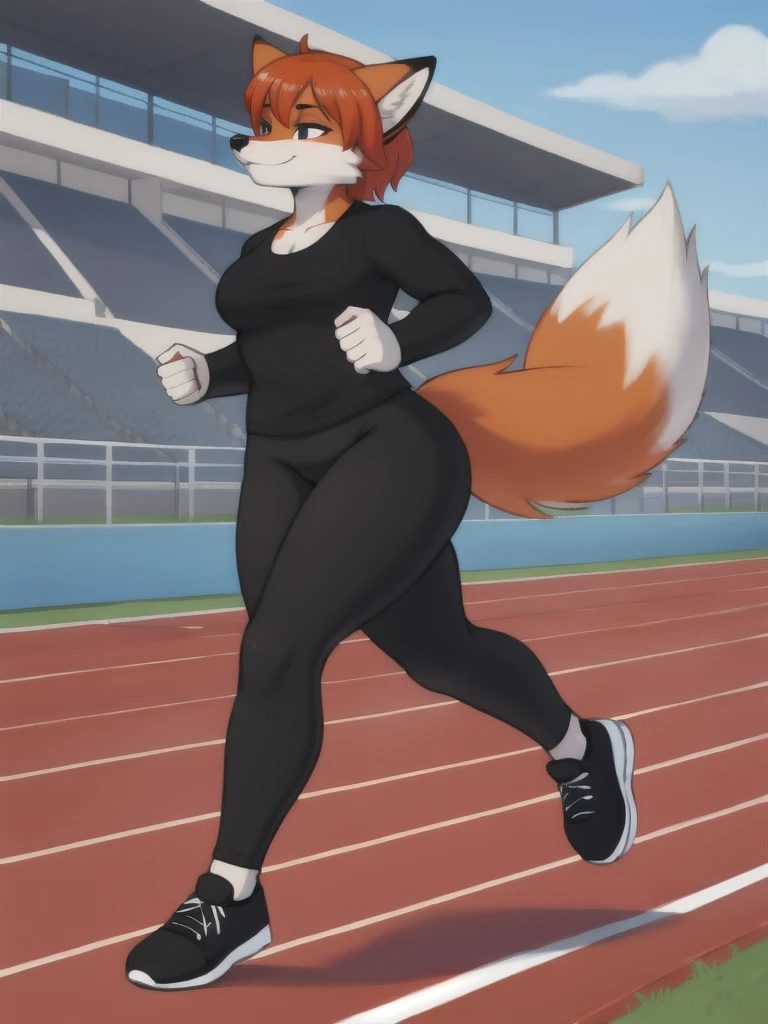 Furry, fox, female, black shirt, black leggings, shoes, running track, solo, full body