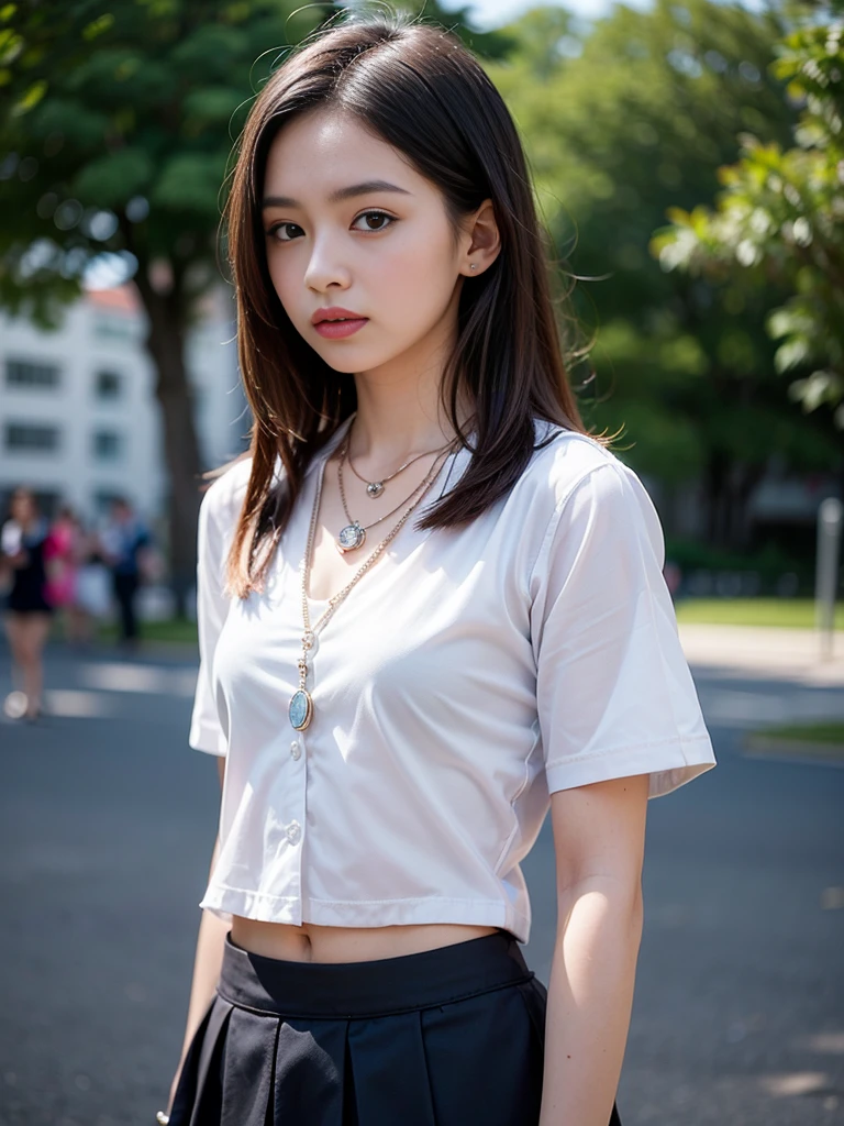 18-year-old female, Long hair, RAW photos, Bokeh (realism: 1.4, Practical), High detail CG8k wallpaper, 1 Girl, ((slim: 1)), (Small Breasts: 1), Return to Viewer, ((Frontal view)), (High quality skin: 1.4), 8K Ultra HD, Digital SLR Camera, Soft Light, high quality, Film Grain, Fuji XT3, ((Uniforms, mini skirt: 1.1, necklace, Transparent shirt: 1.5)), ((outdoor, In the park) Long beads, portrait, ((Layered short hair, Black, Small Breasts: 1.2)), (Looking at the audience: 1.4), (whole body: 1.8)