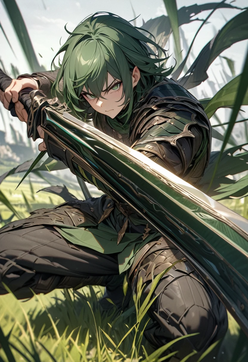 masterpiece, 8k, best quality, highly detailed, a human male warrior wielding a pair of curved sickles made of a dark green metal that look like blades of grass in each hand