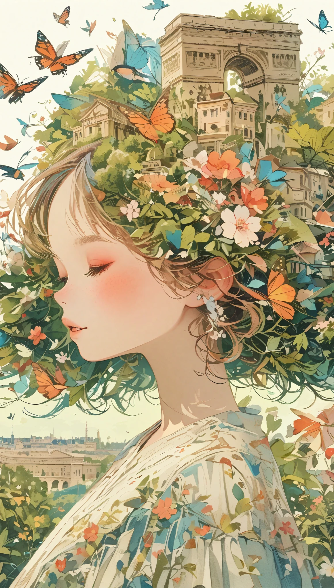 Girl with leaf hair、Photographed from the front、from adove、masterpiece、Highest quality、Looking up、Cherry blossom petals、Lots of butterflies々Fluttering、Paris、Arc de Triomphe、Blue SkyPreparing