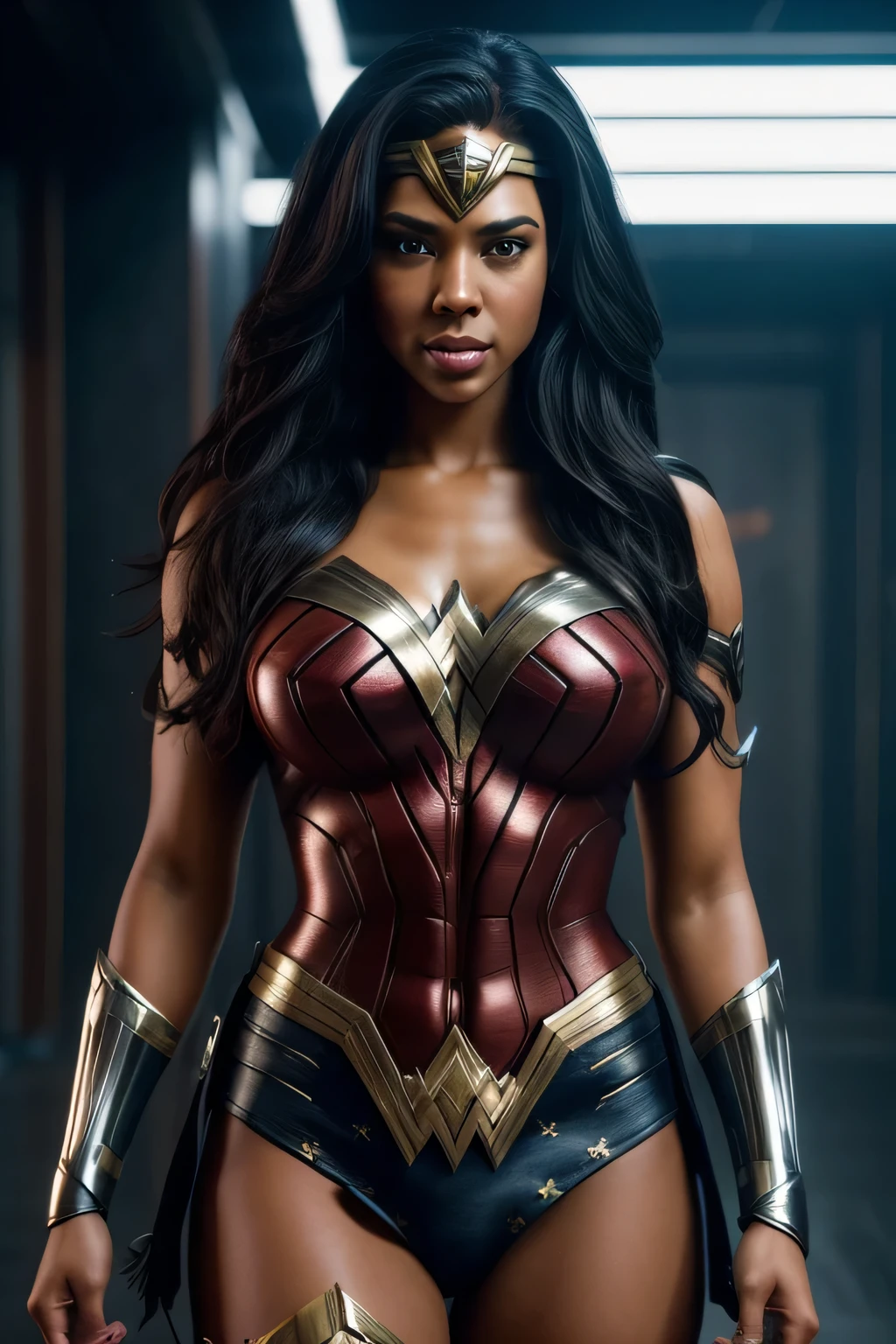 a beautiful super sexy realistic black wonder woman, large and firm breasts, Super detailed, cyberpunk costume, cinematographic, Photo, sexy, high quality, 8k.