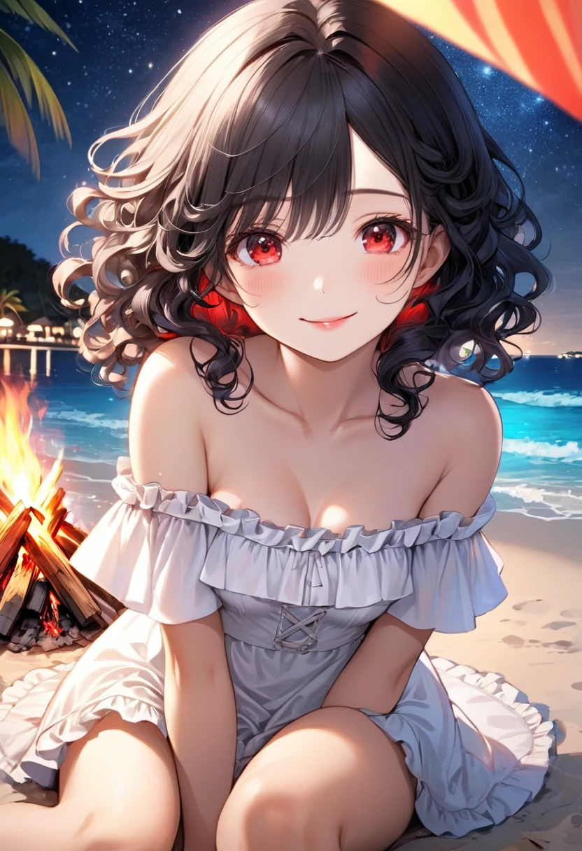 pov focus face, close up face, (Tropical resort style) (solo:2, 15 yo), (beautiful detailed curly:1.3) (best beauty black hair long hair) (cute princess girl, beautiful detailed cute red eyes, love smile face, glossy lips, medium tits), in a beautiful white Frilled off-shoulder dress, break, in the night South Sea Island, night beach, put on the Bonfire, background night beautiful Starry sky, BREAK, perfect anatomy, masterpiece, best quality, 16k, beautiful detailed love, daydreaming expression.