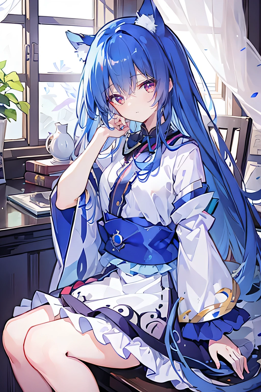 (Masterpiece:1.2),Ultra-detailed,lifelike,The eyes are expressive,Fair skin,Perfect face shape,1 girl,Japanese Manga,Gorgeous blue hair,Flowing blue hair,Flowing clothes,Cat ears,Petals falling,Shy face,sitting on window,Place your hand on your lips,