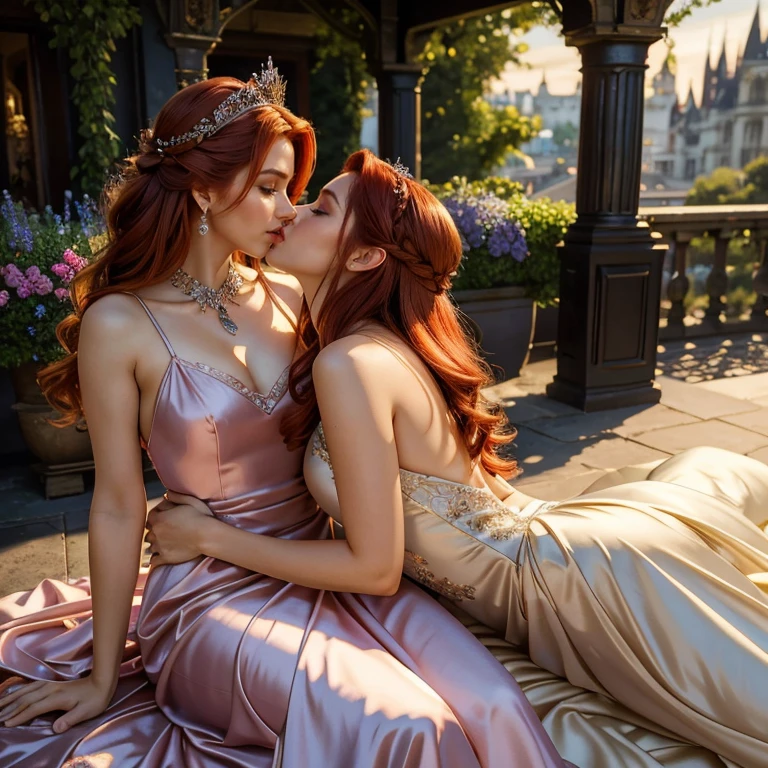 (masterpiece, best quality:1.5), highest quality, High resolution, super detailed, Realists, Upper body photo of red-haired woman, detailed and beautiful eyes, beautiful detailed lips, very detailed eyes and face, longeyelashes, Woman in shiny pink satin evening dress, Beautiful and colorful makeup, long hairstyle, elegant and noble々Pose,shiny crown and jewels, Gardens as background, soft daylight, bright colors, fine brushstrokes, Portrait style, Noble details in the dress fabric, beautiful color palette, glowing skin, First-class rendering, that captures every detail, enchanting atmosphere, subtle shadows and lights, (perfect anatomy:1.2), (Two stunning women are deeply in love:1.4), (kiss:1.2), (magnificent panorama view:1.2)