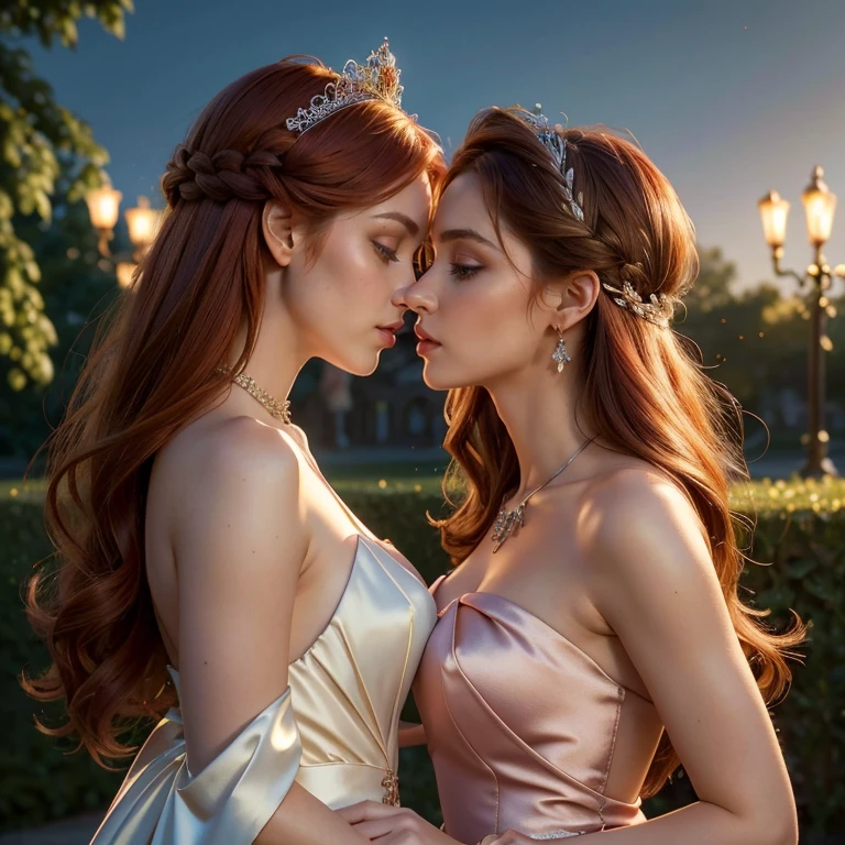 (masterpiece, best quality:1.5), highest quality, High resolution, super detailed, Realists, Upper body photo of red-haired woman, detailed and beautiful eyes, beautiful detailed lips, very detailed eyes and face, longeyelashes, Woman in shiny pink satin evening dress, Beautiful and colorful makeup, long hairstyle, elegant and noble々Pose,shiny crown and jewels, Gardens as background, soft daylight, bright colors, fine brushstrokes, Portrait style, Noble details in the dress fabric, beautiful color palette, glowing skin, First-class rendering, that captures every detail, enchanting atmosphere, subtle shadows and lights, (perfect anatomy:1.2), (Two stunning women are deeply in love:1.4), (kiss:1.2), (magnificent panorama view:1.2)