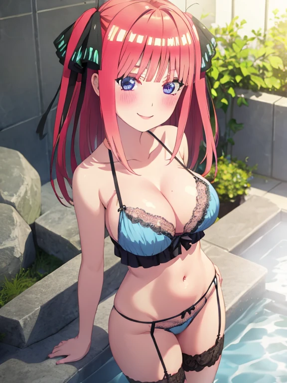 best quality, insanely detailed, nino nakano, breasts, blush, public bath background, bare-shoulder, looking at viewer, a ribbon, stockings, pussy, smile, light blue lingerie garterbelt, cheerful eye