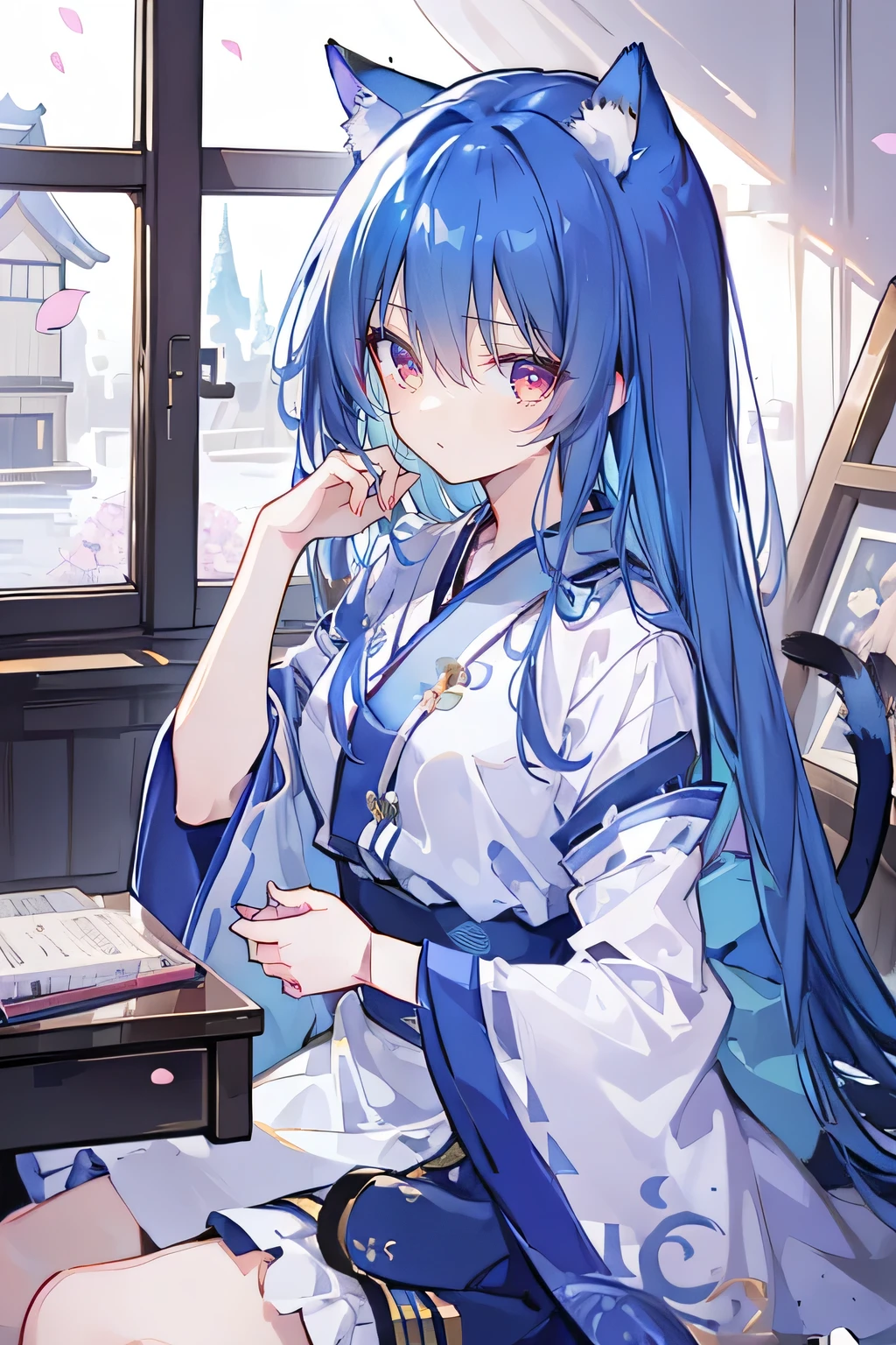 (Masterpiece:1.2),Ultra-detailed,lifelike,The eyes are expressive,Fair skin,Perfect face shape,1 girl,Japanese Manga,Gorgeous blue hair,Flowing blue hair,Flowing clothes,Cat ears,Petals falling,Shy face,sitting on window,Place your hand on your lips,