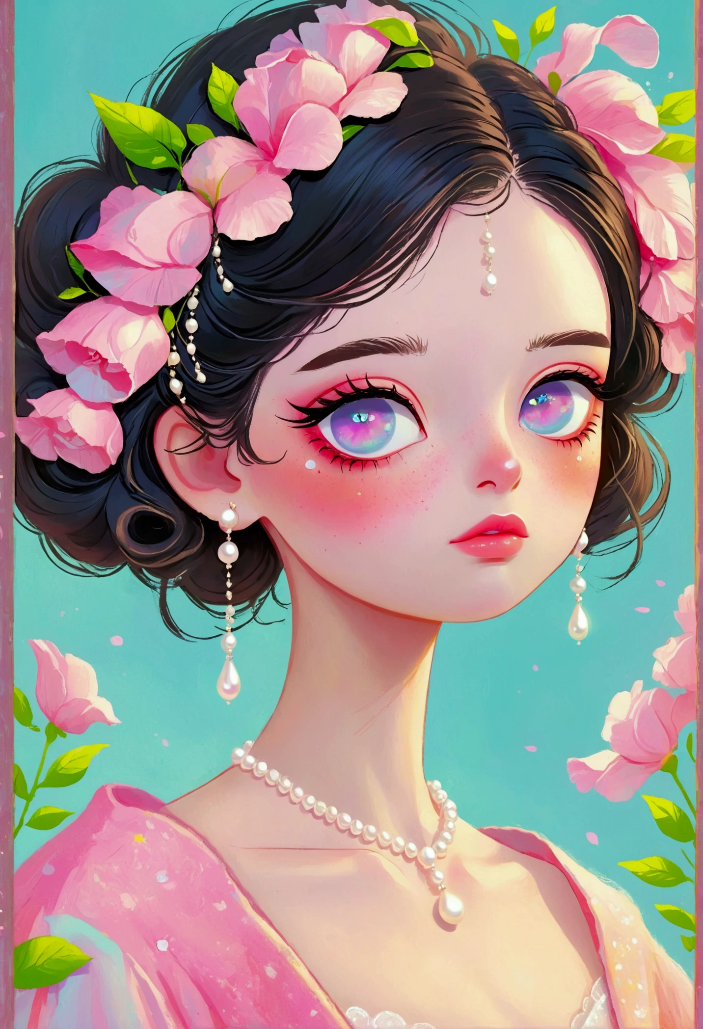 a girl with pearl earrings,beautiful detailed eyes,beautiful detailed lips,extremely detailed eyes and face,long eyelashes,young woman,cute,adorable,pink pastel art,digital art,cartoon style,portrait,frame,pastel colors,soft lighting,