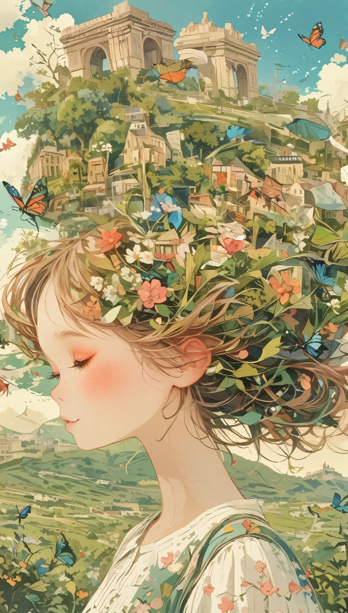 Girl with leaf hair、Photographed from the front、from adove、masterpiece、Highest quality、Looking up、Cherry blossom petals、Lots of butterflies々Fluttering、Paris、Arc de Triomphe、Blue SkyPreparing