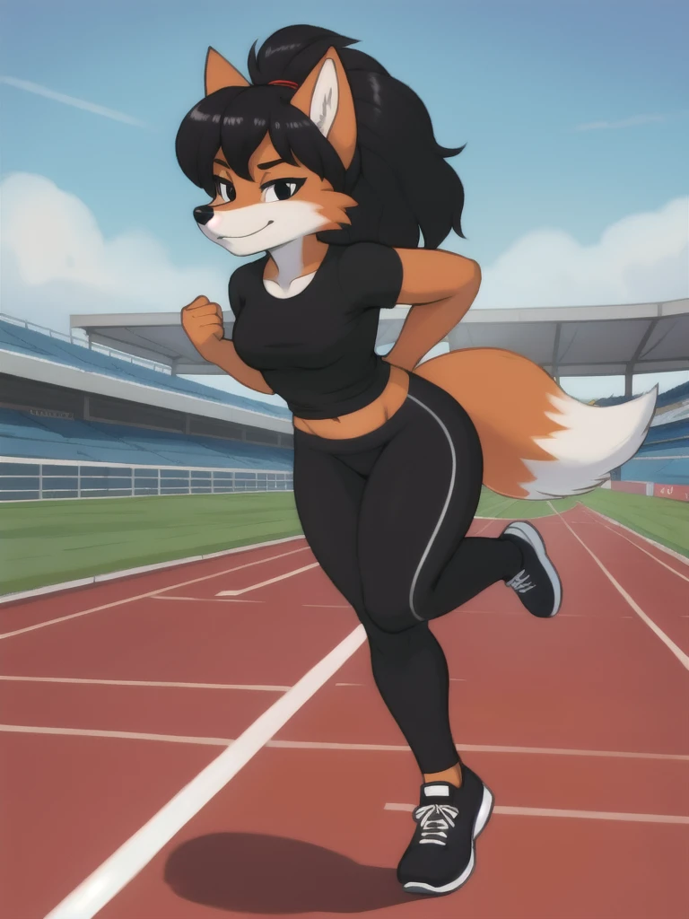 Furry, fox, female, black shirt, black leggings, shoes, running track, solo, full body