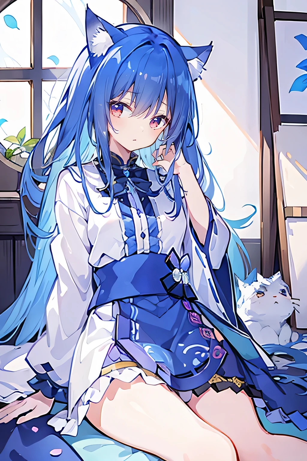 (Masterpiece:1.2)，Ultra-detailed，lifelike，The eyes are expressive，Fair skin，Perfect face shape，1 girl，Japanese Manga，Gorgeous blue hair，Flowing blue hair，Flowing clothes，Cat ears，Petals falling，Shy face，sitting on window，Place your hand on your lips，