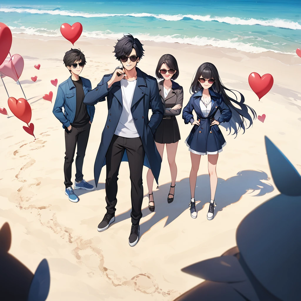 One man and one woman,On a beach without tourists,Two people wearing sunglasses,Boys stand in front of girls,Girl standing behind boy,Short black hair for boys,Girl with long black hair,Girl wearing dark blue coat,Make a heart shape with your arms,Smile,cartoon,HD