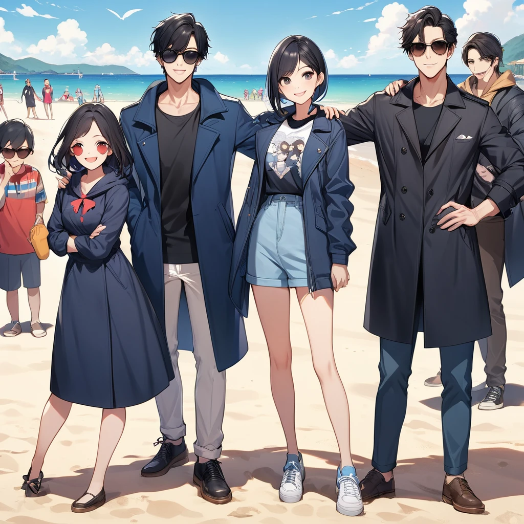 One man and one woman，On a beach without tourists，Two people wearing sunglasses，Boys stand in front of girls，Girl standing behind boy，Short black hair for boys，Girl with long black hair，Girl wearing dark blue coat，Make a heart shape with your arms，Smile，cartoon，HD
