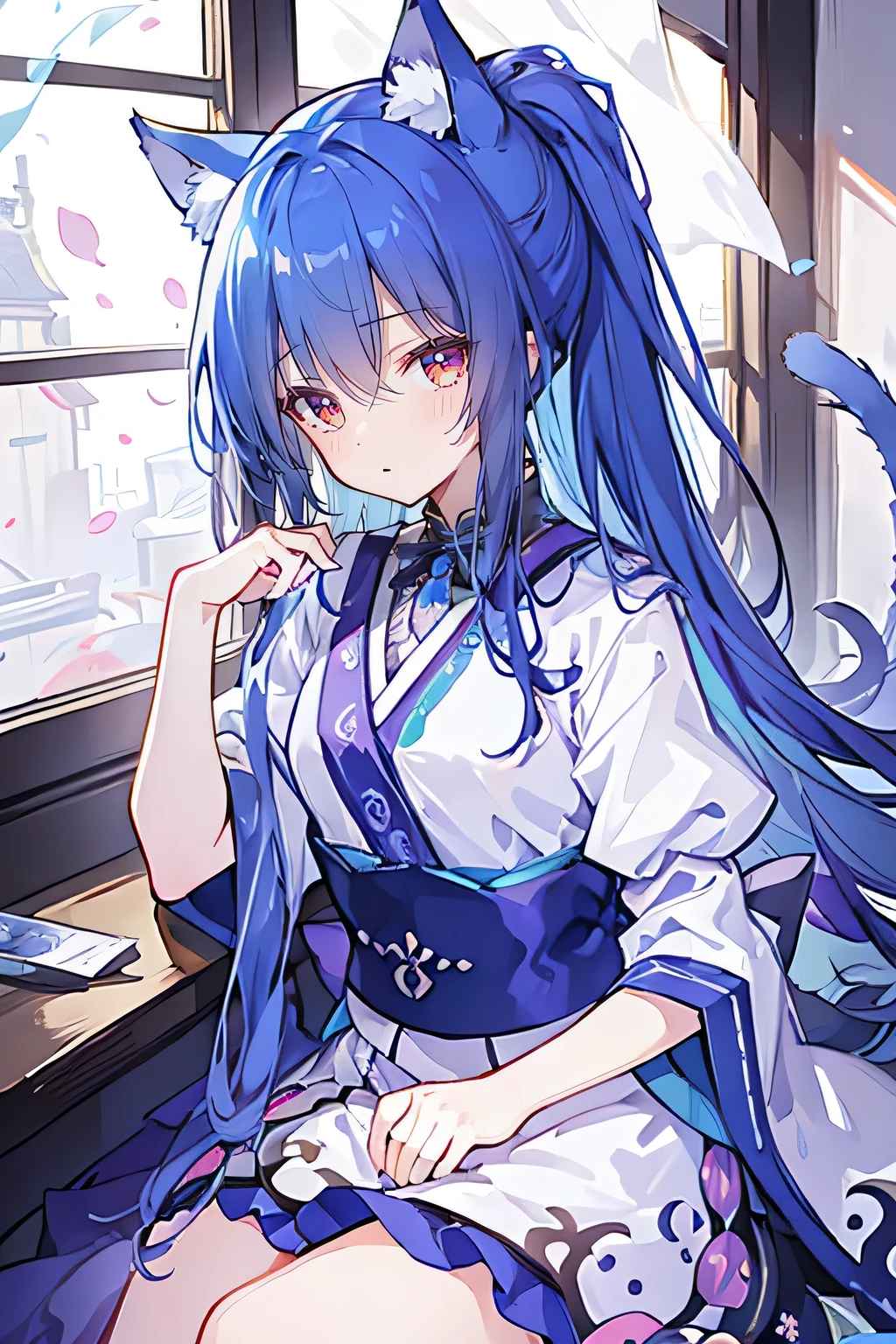 (Masterpiece:1.2),Ultra-detailed,lifelike,The eyes are expressive,Fair skin,Perfect face shape,1 girl,Japanese Manga,Gorgeous blue hair,Flowing blue hair,Flowing clothes,Cat ears,Petals falling,Shy face,sitting on window,Place your hand on your lips,