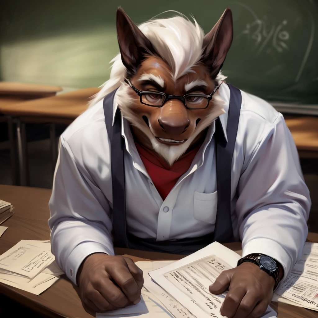 Eastern Dragon, Male, Solo, Teacher Attire, Wearing Watch, Blackboard Background, Classroom Background, Sitting on Chair, Table on Front with papers, Arms on Side, Grinning, Sexy, Beefcake, Middle-aged, Daddy, Wearing eyeglasses, Looking at Viewer, Eye Contact, Multi-colored Body, Scales, Furless, White Hair, White Beard, (Realistic shadows, depth of field, Wide Dynamic Field, Dark Shadows, HDR, Low Light: 1.2, High Angle Close Up Body Shot), (by null-ghost, by Chunie, by darkgem)