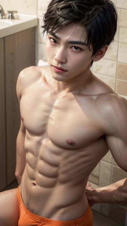 a young japanese boy, , muscular and smooth skin, very short black hair, relaxed and friendly smile, wearing thin orange boxer briefs, full body shot from toe to head, posing in a bathroom, (best quality,4k,8k,highres,masterpiece:1.2),ultra-detailed,(realistic,photorealistic,photo-realistic:1.37),highly detailed face, detailed eyes, nose and lips, detailed muscles, glowing skin, soft lighting, warm color tone, cinematic composition, 口を開けてニッコリ笑っている