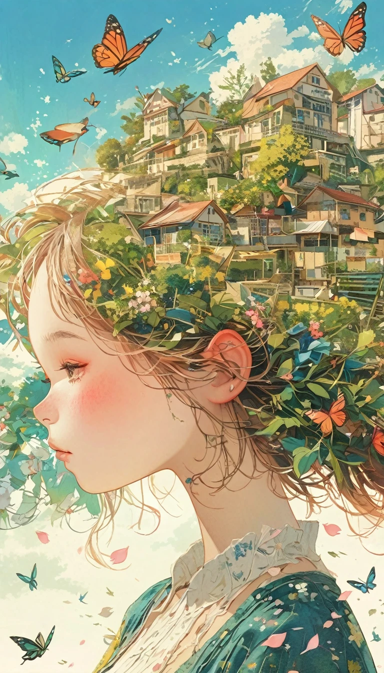 Girl with leaf hair、Photographed from the front、from adove、masterpiece、Highest quality、Looking up、Cherry blossom petals、Lots of butterflies々Fluttering、Factory area、blue sky