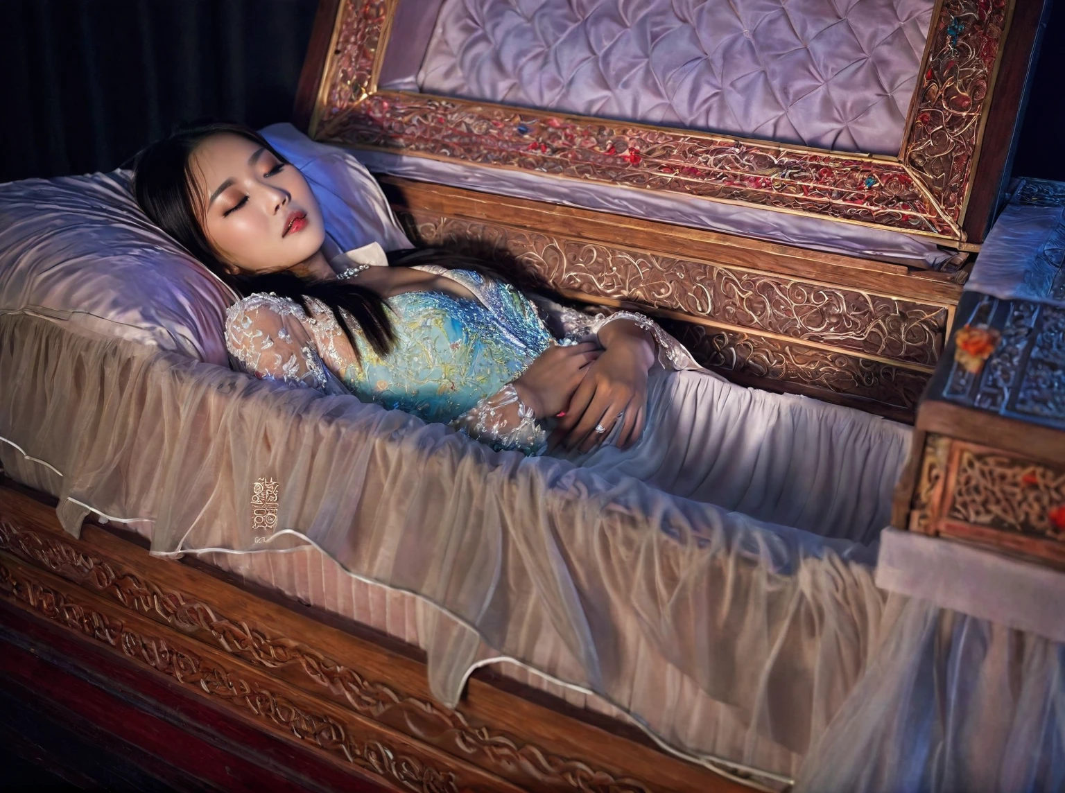 In a striking 8K HDR scene, a stunning Korean woman, 22 years old, lies peacefully in a coffin and coffin cover surrounded by plush pillows. The deep box is set against a rich black background, accentuating the beauty of the subject. Her exquisite deep-V neckline kebaya attire is embroidered with superb detail, showcasing her round and firm breasts, perfect cleavage, and beautiful eyebrows. Her closed eyes and mouth give an air of serenity, while her visible and absolute cleavage leave nothing to imagination. The scene is bathed in saturated colors, highlighting every intricate aspect from the ball skirt to her clean face, straight body, detailed hand perfect hands, straight body, own hands together, own hand on stomach, detailed hands, perfect hands.