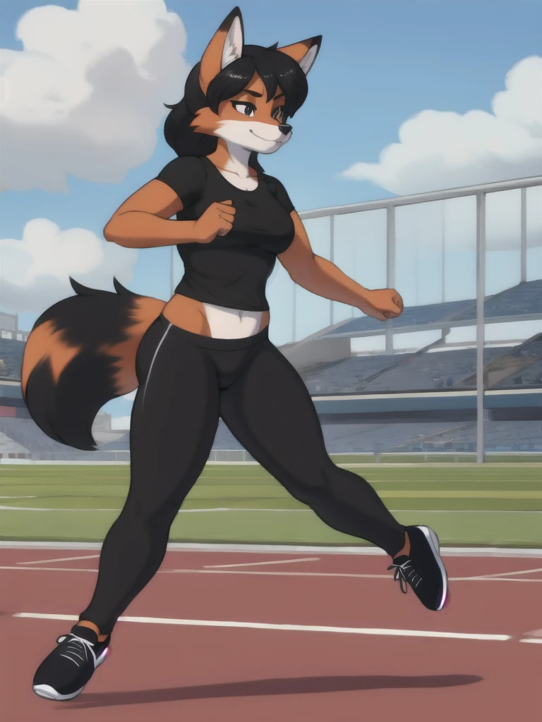 Furry, fox, female, black shirt, black leggings, shoes, running track, solo, full body