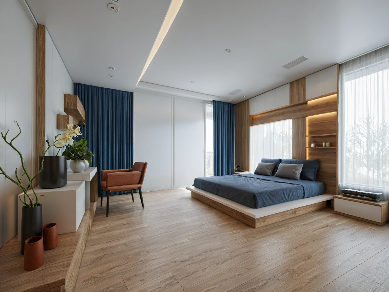 (RAW photo, masterpiece, best quality,ultra-detailed, extremely delicate and beautiful, highresolution, best shadow:1.1), modern livingroom and kitchen, curtain, natural view, tv cabinet, reflective floor, (white and blue wall), grey wall accent, wine racks, wooden ceiling fan, white ceiling, plant and flower, interior lighting, 
realistic lighting