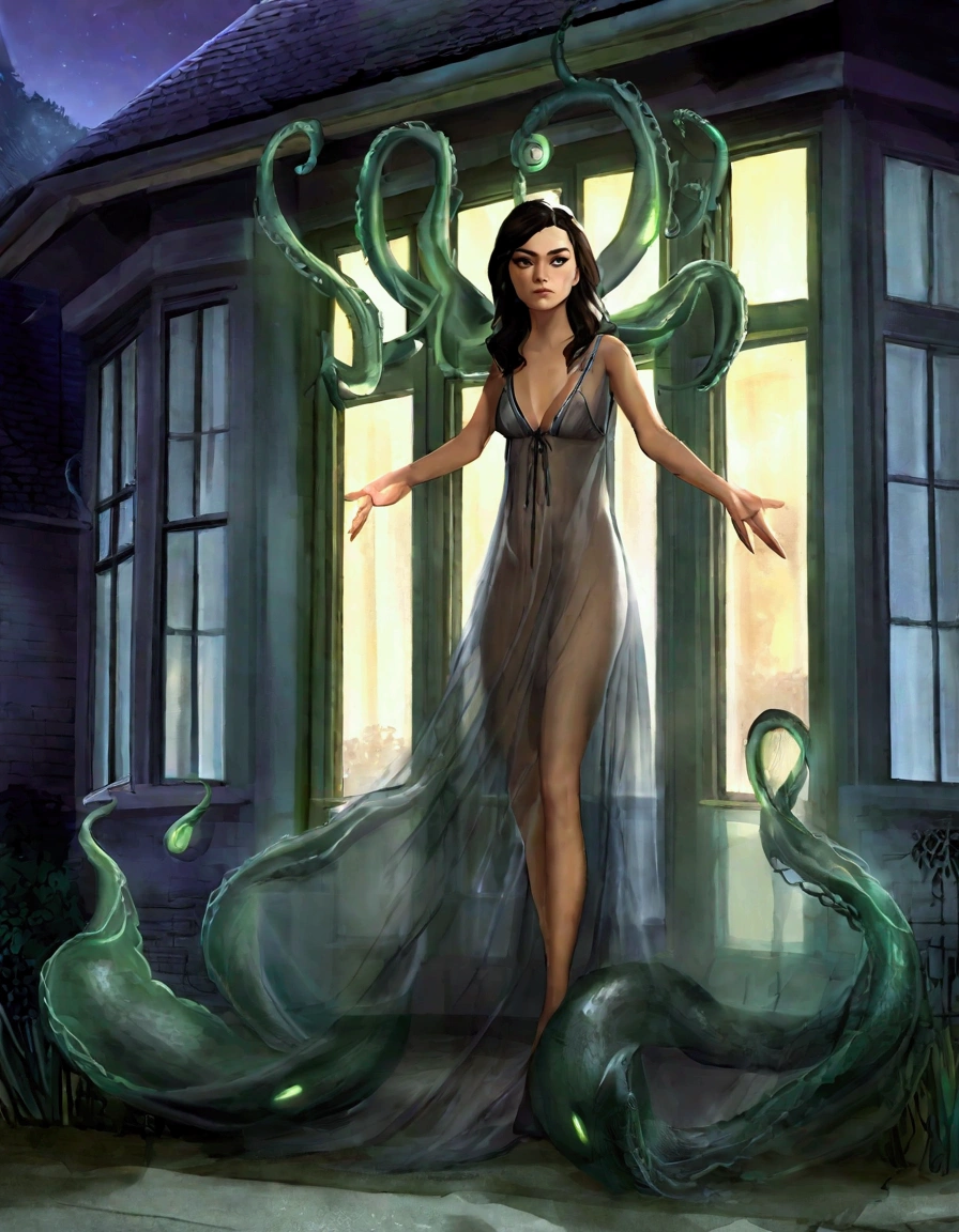 Mila Kunis (age 25, sheer night gown) in a trance outside her house, UFO outside window extends giant eldritch slimy tentacles to Mila restraining her arms and legs as it draws her into the UFO
