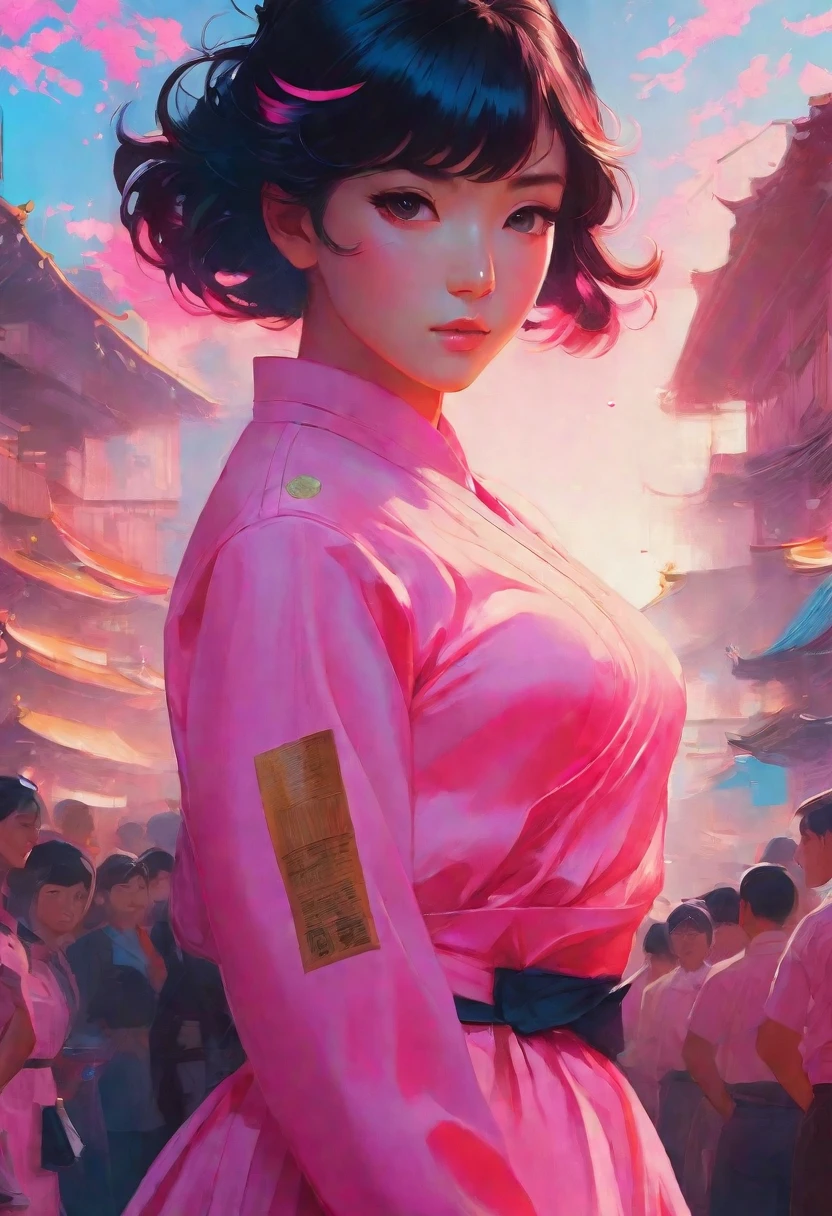 anime girl in a pink dress in front of a crowd of people, non-style artwork by guweiz, artgerm and atey ghailan, alena aenami and artgerm, beautiful character painting, Paisagem de Ilya Kuvshinov, artgerm and ilya kuvshinov, artgerm. anime illustration