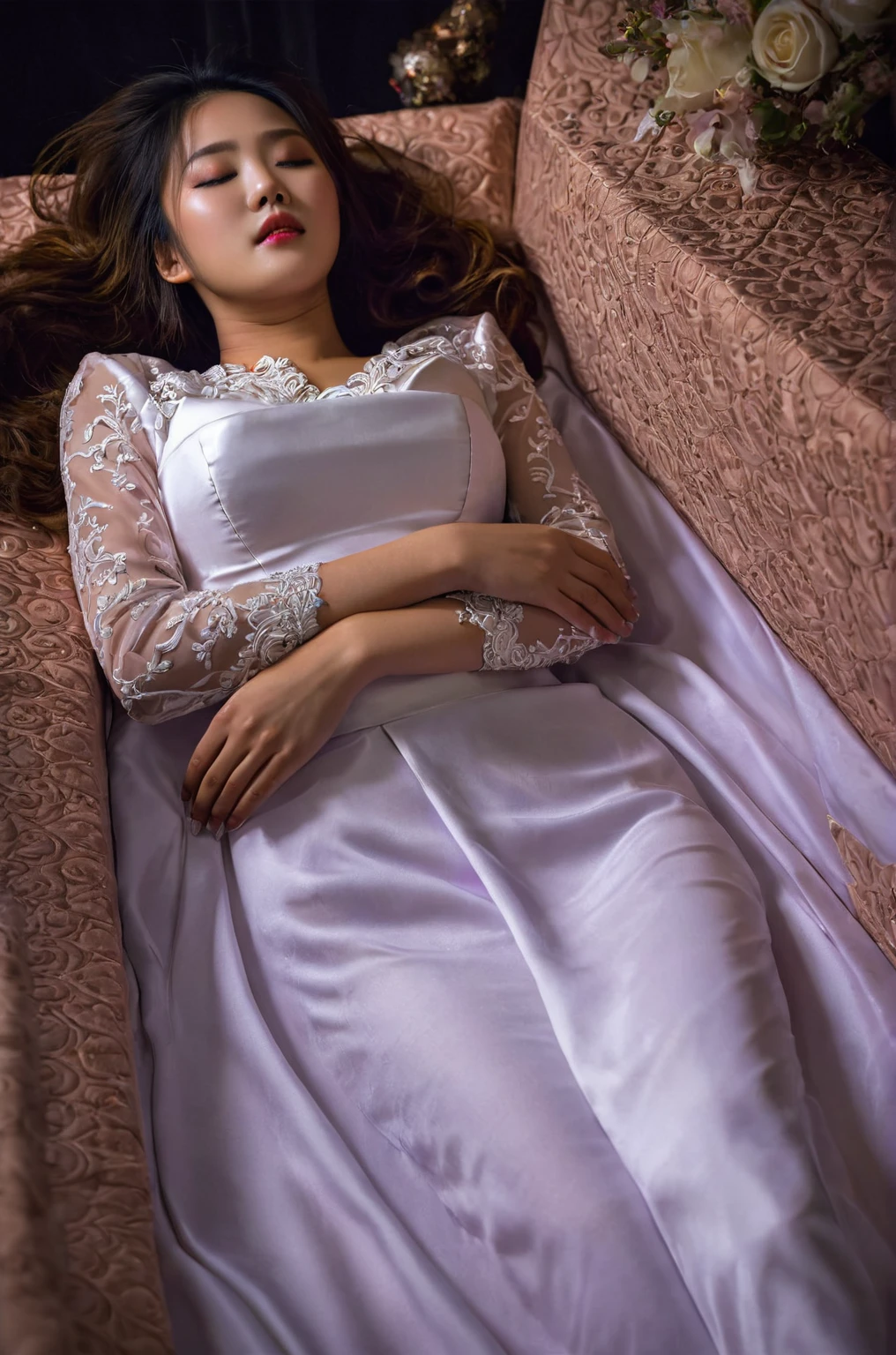 In a striking 8K HDR scene, a stunning Korean woman, 22 years old, lies peacefully in a coffin and coffin cover surrounded by plush pillows. The deep box is set against a rich black background, accentuating the beauty of the subject. Her exquisite deep-V neckline kebaya attire is embroidered with superb detail, showcasing her round and firm breasts, perfect cleavage, and beautiful eyebrows. Her closed eyes and mouth give an air of serenity, while her visible and absolute cleavage leave nothing to imagination. The scene is bathed in saturated colors, highlighting every intricate aspect from the ball skirt to her clean face, straight body, detailed hand perfect hands, straight body, own hands together, own hand on stomach, detailed hands, perfect hands.