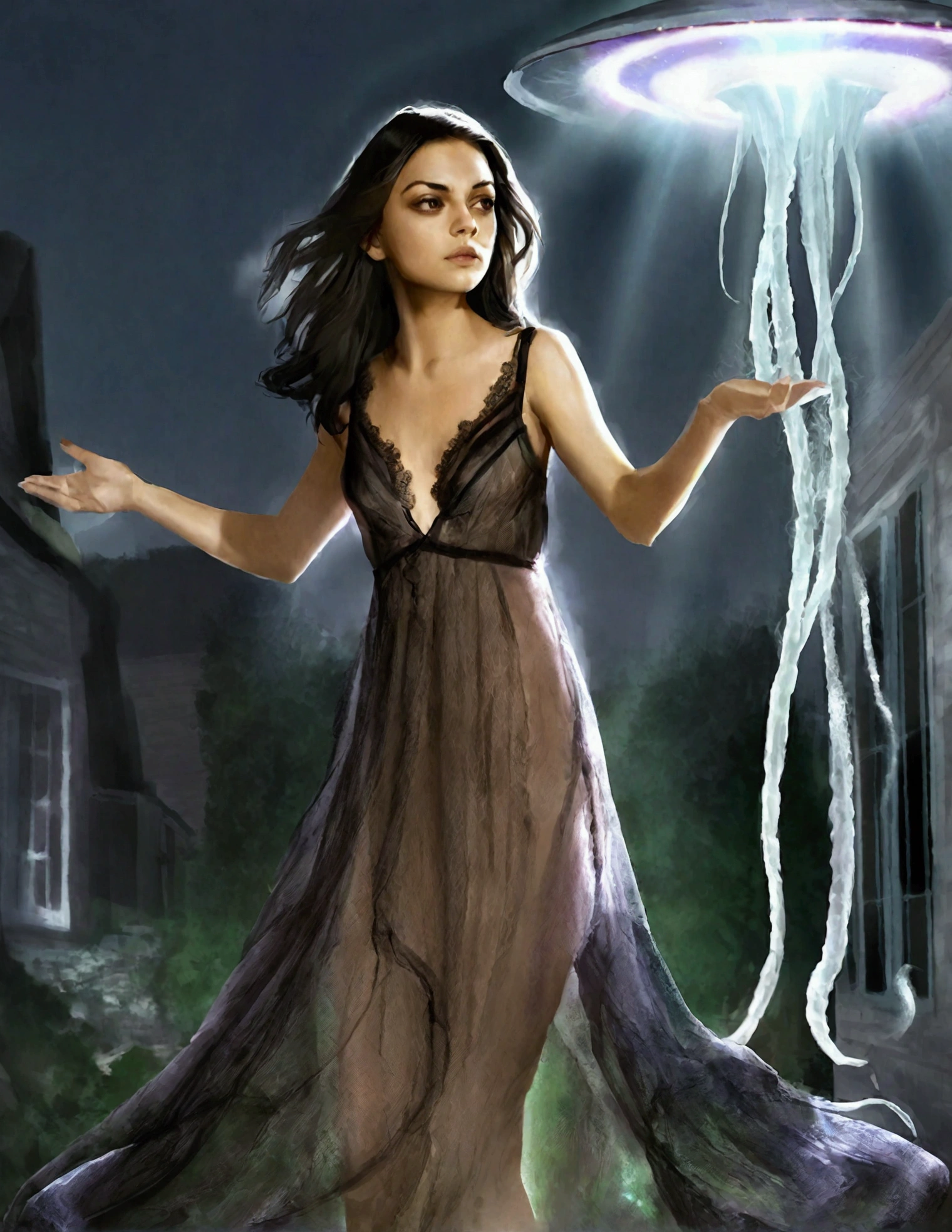 Mila Kunis (age 25, sheer night gown) in a trance outside her house, UFO outside window extends giant eldritch slimy tentacles to Mila restraining her arms and legs as it draws her into the UFO
