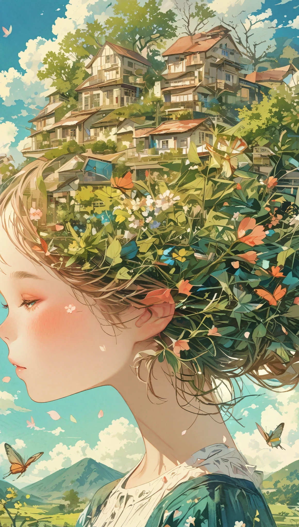 Leaf hair girl、Photographed from the front、Masterpiece、Highest quality、Look Up、Cherry blossom petals、Lots of butterflies々Fluttering、church、windmill