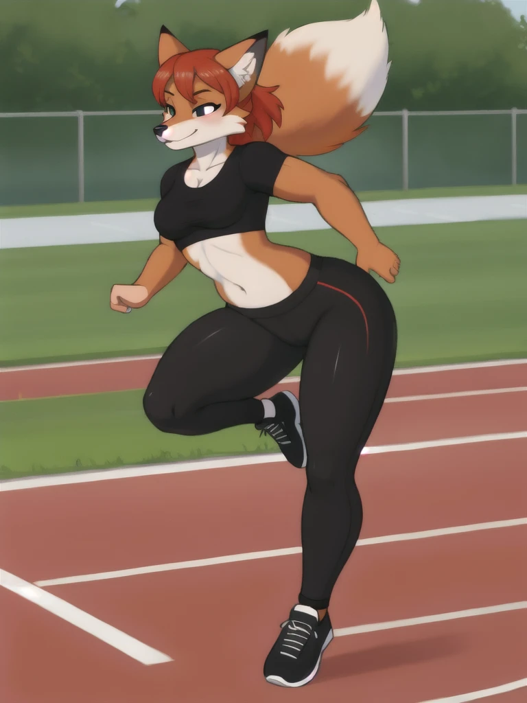 Furry, fox, female, black shirt, black leggings, shoes, running track, solo, full body