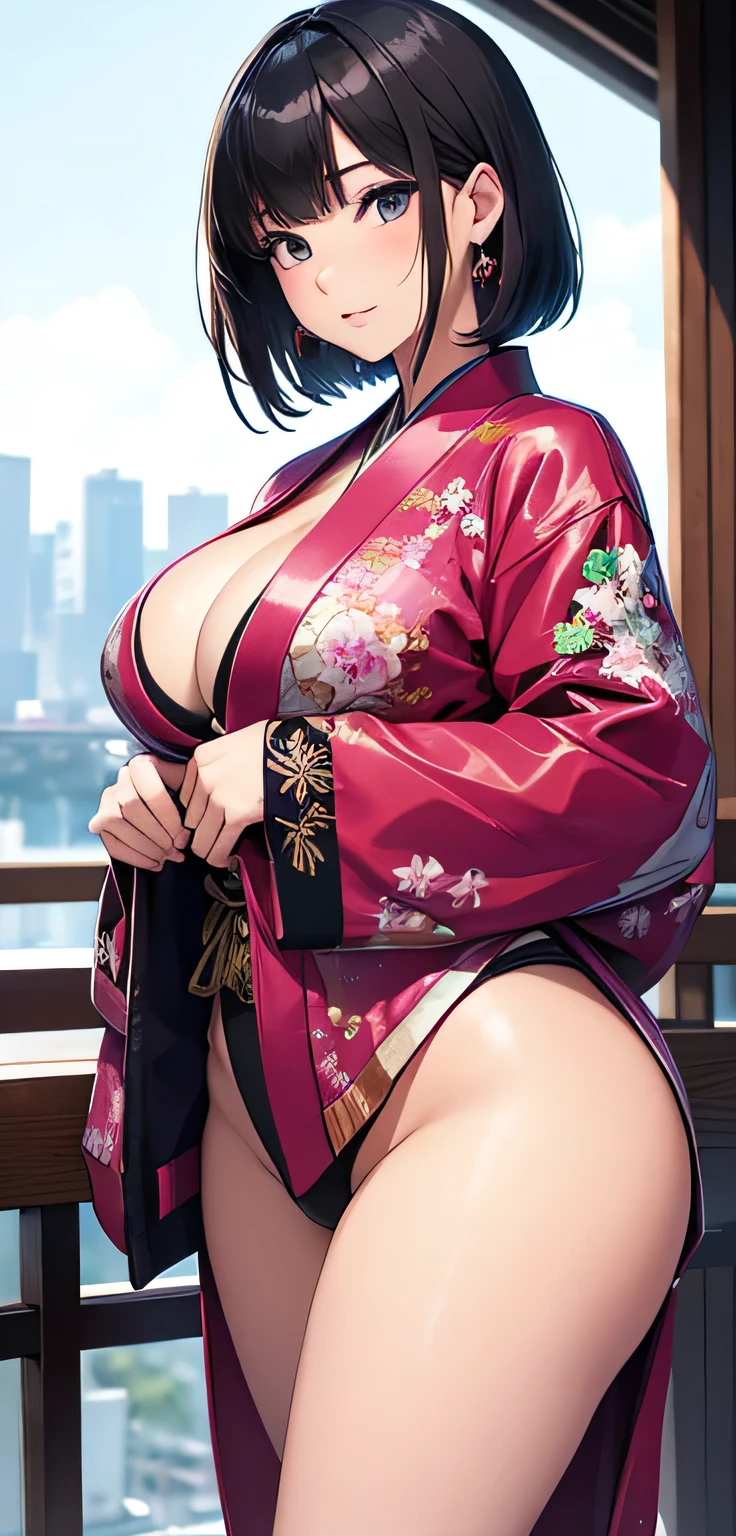 beautiful detailed 18 years old female japanese, wearing Erotic Sukajan Jacket: A reversible Japanese souvenir jacket often adorned with intricate embroidery, paired with casual wear, beautiful face, shiny skin, short hair, curvy body, ultra large saggy breasts, massive cleavage exposed, metropolitan background