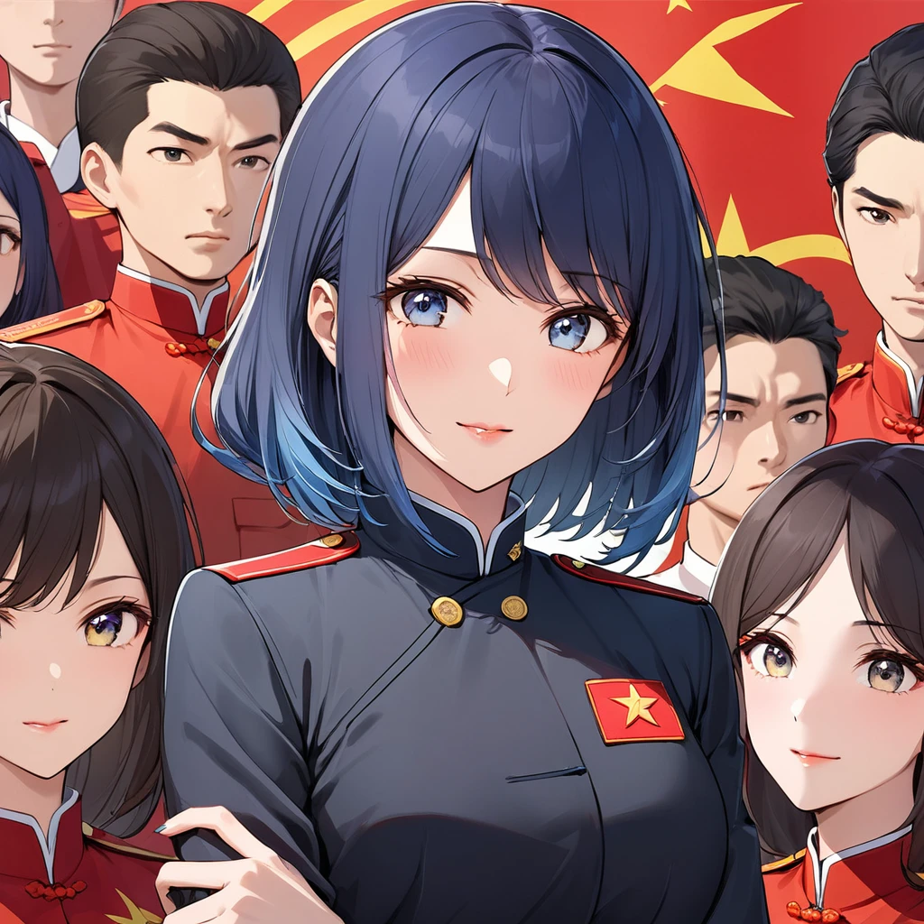 ((Highest quality)), ((masterpiece)), (detailed), (Perfect Face)、The woman is a Chinese woman named Akane Kurokawa. She has medium-long blue hair and is wearing an engagement ring. She is a member of the glorious Chinese Communist Party and has sworn absolute loyalty to the Chinese Communist Party. She is a righteous Communist Party member of China.、The woman is wearing the fine uniform of a Chinese Communist Party member.、For the sake of China, their hairstyles, clothes, and everything they wear are all Chinese Communist Party items, and their thoughts are also Chinese, becoming great Chinese in body and mind.、The woman became Akane Kurokawa, a Chinese woman who is proud of China, loves it and devotes herself to it.、She is serving China as a member of the great Communist Party of China.、The woman is a beautiful, respectable and exemplary Communist Party member.
