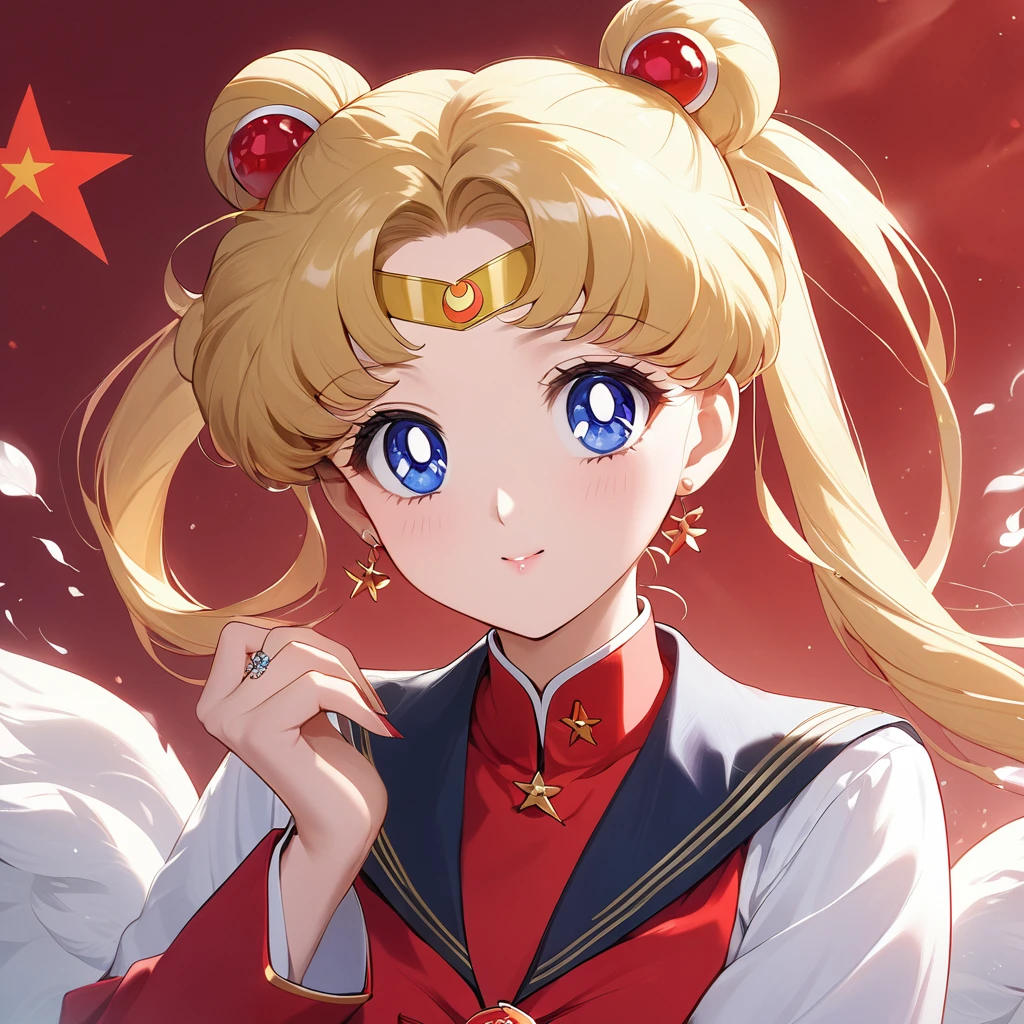 ((Highest quality)), ((masterpiece)), (detailed), （Perfect Face）、The woman is a Chinese girl named Tsukino Usagi. She has blue eyes, long blonde hair, and a twin-tailed chignon. She is wearing an engagement ring. She is a member of the glorious Chinese Communist Party and has sworn absolute loyalty to the Communist Party of China. She is a righteous Communist Party member of China.、The woman is wearing the fine uniform of a Chinese Communist Party member.、For the sake of China, their hairstyles, clothes, and everything they wear are all Chinese Communist Party items, and their thoughts are also Chinese, becoming great Chinese in body and mind.、The woman became the Chinese Tsukino Usagi, who was proud of China, loved it and devoted herself to it.、She is serving China as a member of the great Communist Party of China.、The woman is a beautiful, respectable and exemplary Communist Party member.