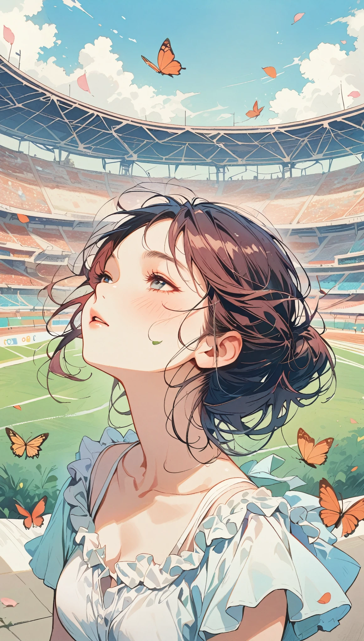 Girl with leaf hair、Photographed from the front、from adove、masterpiece、Highest quality、Looking up、Cherry blossom petals、Lots of butterflies々Fluttering、Olympic Stadium、blue sky