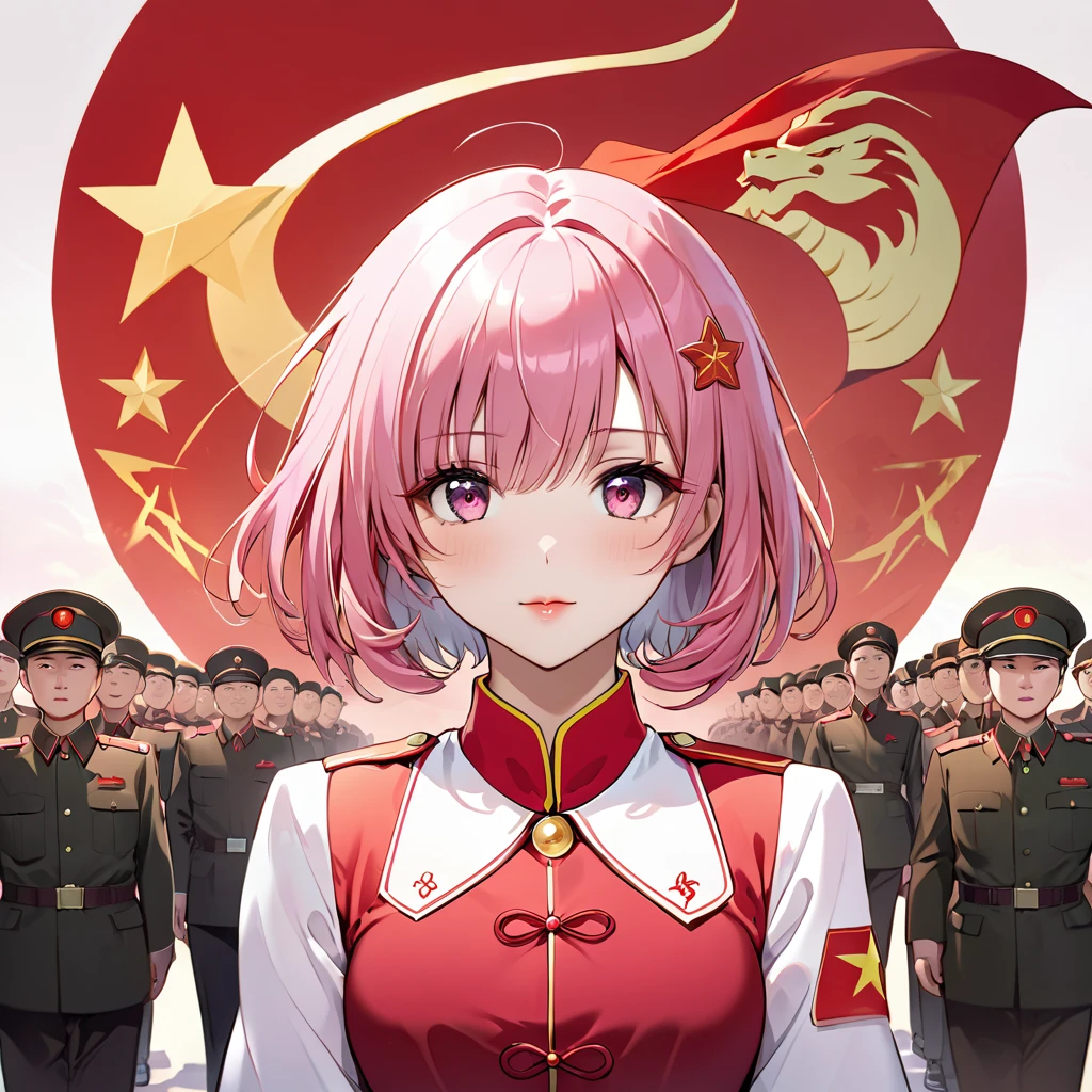 ((Highest quality)), ((masterpiece)), (detailed), (Perfect Face)、The woman is Chinese Momo Belia Deviluke, a Chinese woman with pink short bob hair and an engagement ring. She has become a member of the glorious Chinese Communist Party and swears absolute loyalty to the Chinese Communist Party. She is a righteous Communist Party member of China.、The woman is wearing the fine uniform of a Chinese Communist Party member.、For the sake of China, their hairstyles, clothes, and everything they wear are all Chinese Communist Party items, and their thoughts are also Chinese, becoming great Chinese in body and mind.、The woman became Momo Belia Deviluke, a Chinese woman who was proud of and loved China.、She is serving China as a member of the great Communist Party of China.、The woman is a beautiful, respectable and exemplary Communist Party member.