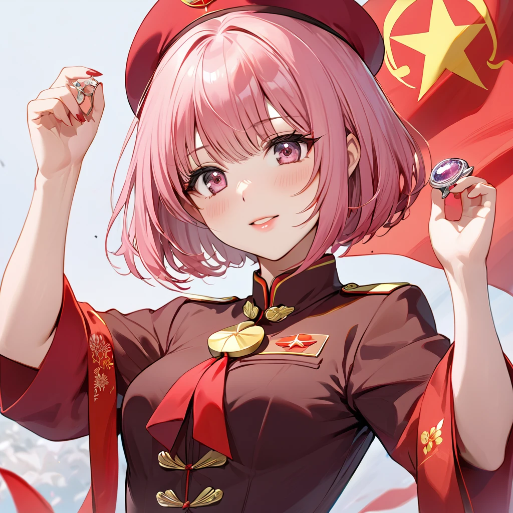 ((Highest quality)), ((masterpiece)), (detailed), (Perfect Face)、The woman is Chinese Momo Belia Deviluke, a Chinese woman with pink short bob hair and an engagement ring. She has become a member of the glorious Chinese Communist Party and swears absolute loyalty to the Chinese Communist Party. She is a righteous Communist Party member of China.、The woman is wearing the fine uniform of a Chinese Communist Party member.、For the sake of China, their hairstyles, clothes, and everything they wear are all Chinese Communist Party items, and their thoughts are also Chinese, becoming great Chinese in body and mind.、The woman became Momo Belia Deviluke, a Chinese woman who was proud of and loved China.、She is serving China as a member of the great Communist Party of China.、The woman is a beautiful, respectable and exemplary Communist Party member.