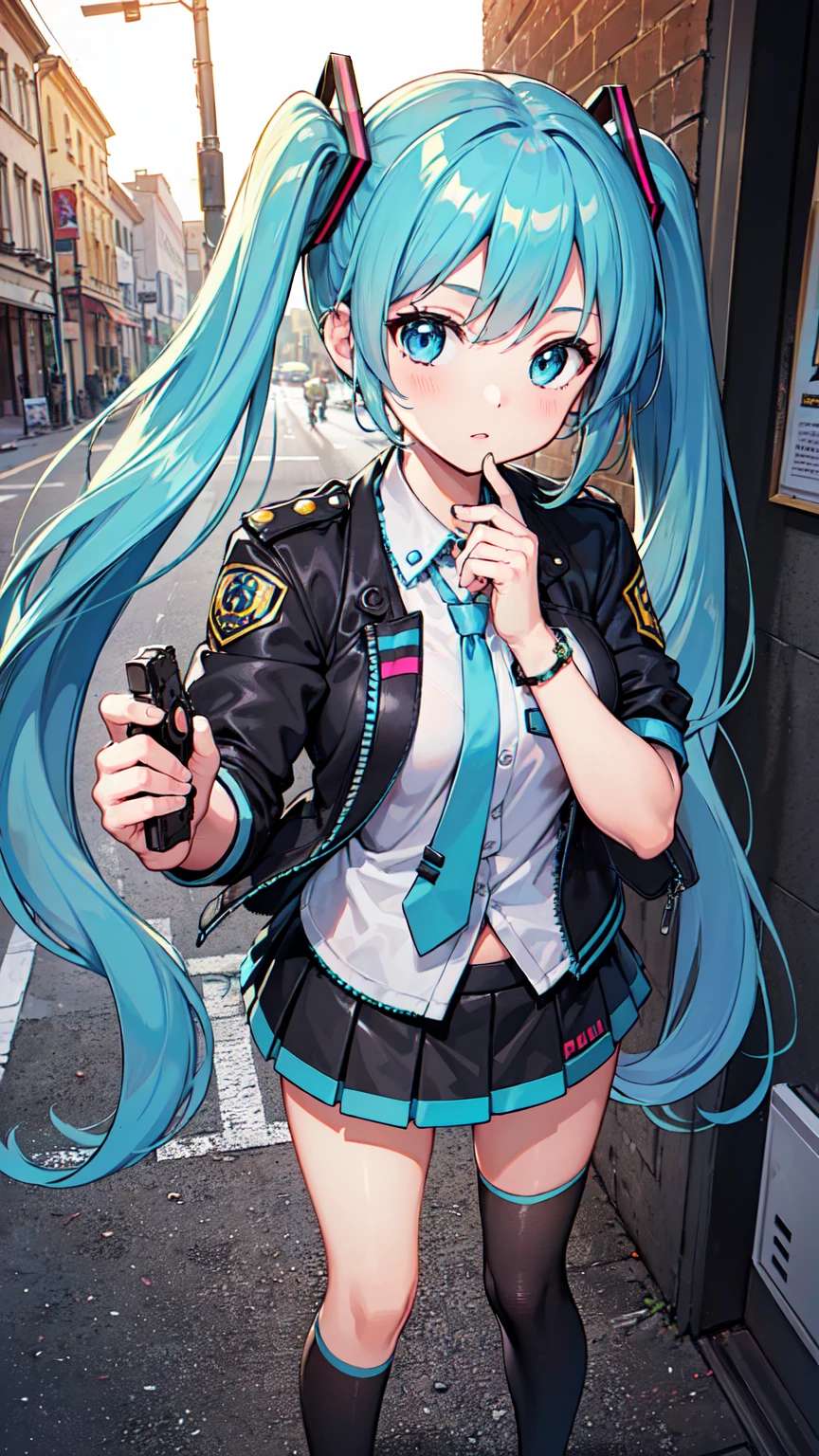 ((masterpiece)), ((Highest quality)), ((High resolution)), One Girl, alone, Police Officer, (Matching tight mini skirt), Urban Background, (Grab a pistol、Target, Detailed pistol, Glock 22, Breaking the rules), Are standing, Hatsune Miku Vocaloid, (Light blue hair, Twin tails), (Bright Blue Eyes),