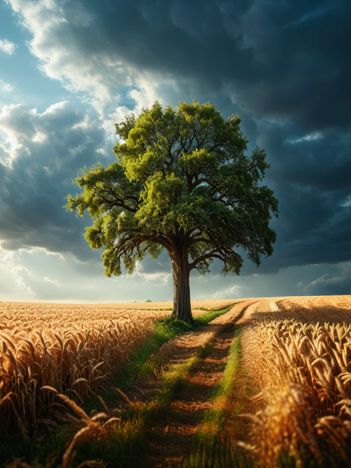 best quality, masterpiece, realistic photo, intricate details, raw photo, ultra detailed, amazing fields with grain and a tree, HD quality, 8K,