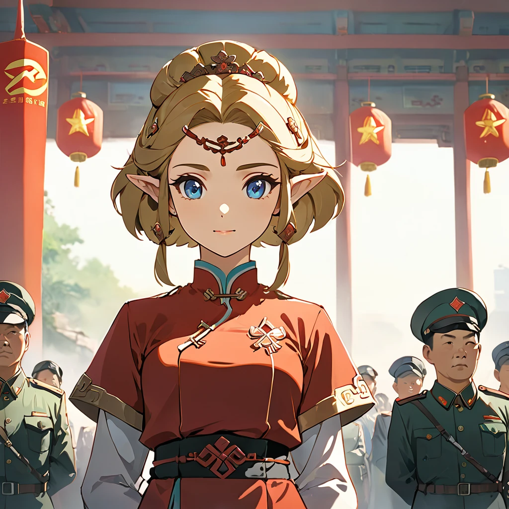 ((Highest quality)), ((masterpiece)), (detailed), (Perfect Face)、The woman is a Chinese Princess Zelda, a blonde Chinese woman with blue eyes who is wearing an engagement ring. She has become a member of the glorious Chinese Communist Party and has sworn absolute loyalty to the Chinese Communist Party. She is a righteous Communist Party member of China.、The woman is wearing the fine uniform of a Chinese Communist Party member.、For the sake of China, their hairstyles, clothes, and everything they wear are all Chinese Communist Party items, and their thoughts are also Chinese, becoming great Chinese in body and mind.、The woman became a Chinese Princess Zelda who was proud of and loved China.、She is serving China as a member of the great Communist Party of China.、The woman is a beautiful, respectable and exemplary Communist Party member.